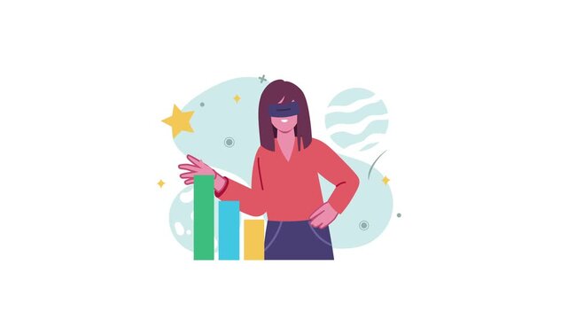 Blindfolded woman reaching for star beside growth chart, flat vector animation