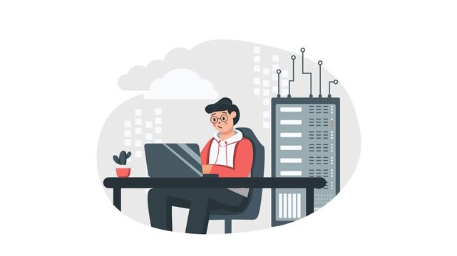 Animated flat illustration of programmer working with laptop near cloud server