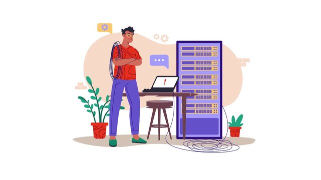 Animated IT technician troubleshooting server rack with laptop error