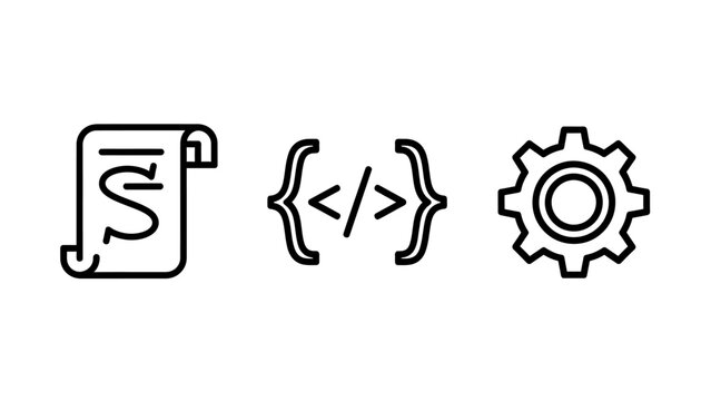 Software development icons: document scroll, code brackets, gear cogwheel, programming, coding, development process, settings, configuration, software engineering, tools, algorithm