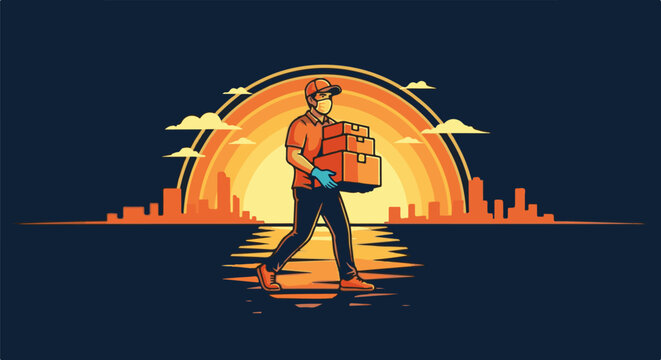 masked delivery person walks carrying packages at sunset cityscape background