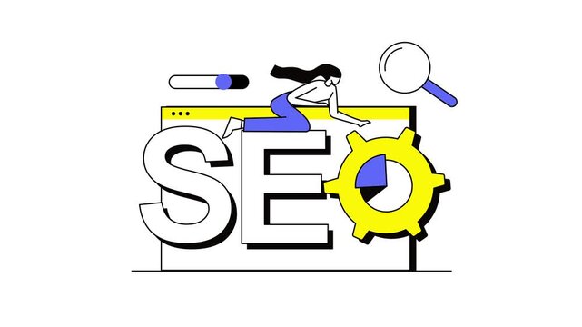 Animated SEO concept with search letters, magnifying glass and gears