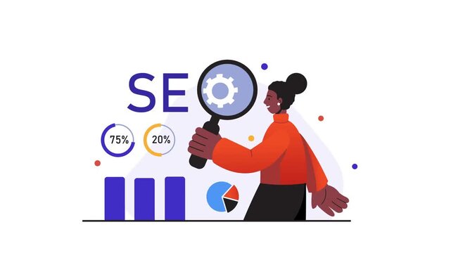 Animated woman analyzing SEO performance with charts and magnifying glass