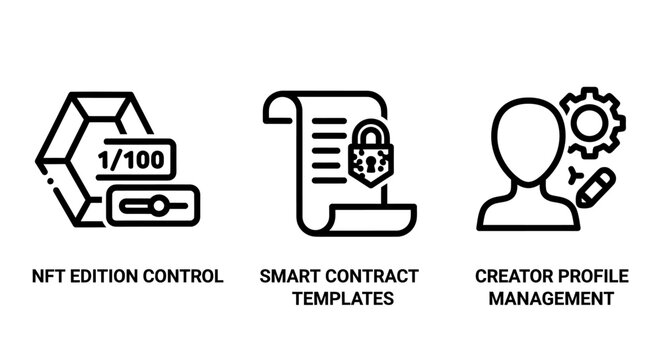 Nft edition control, smart contract templates, and creator profile management icons, blockchain technology, digital art ownership, and decentralized applications
