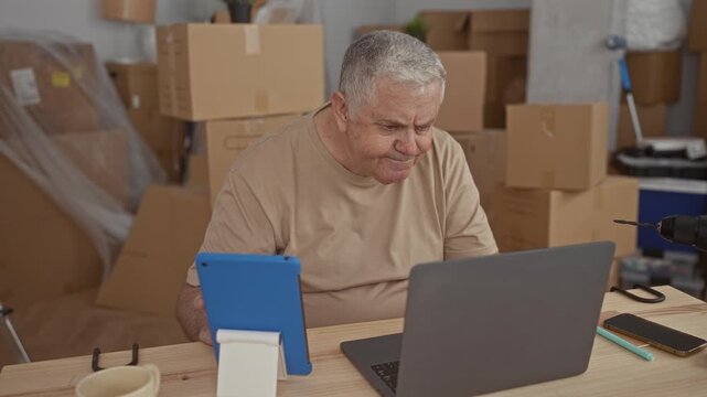 Man checking tablet and laptop, frowning while reviewing inventory amid packed moving boxes and tools in a storage area of a building; frustration.