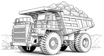 Detailed Line Art of a Heavy-Duty Mining Dump Truck. © jeng