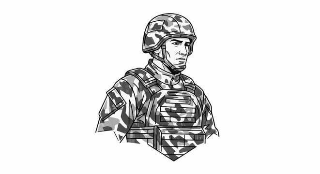 Military figure in tactical gear, monochrome illustration