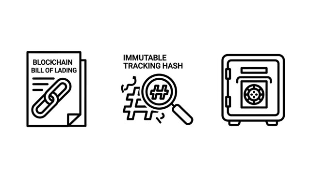 Blockchain and security icons: immutable bill of lading, hash tracking with magnifying glass, and secure vault, representing digital ledger, data security, and asset protection