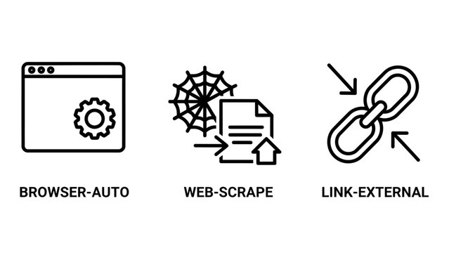 Web scraping, browser automation, and external link icons represent data collection, online research, and digital connectivity concepts, automation icon