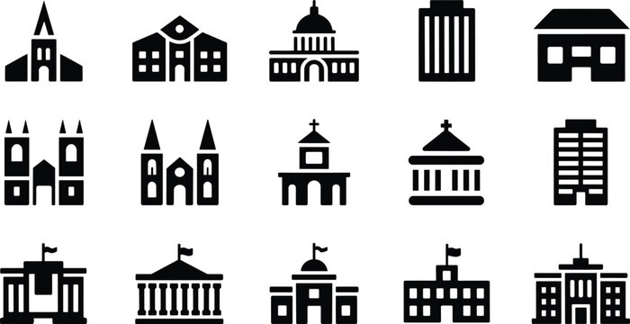 Government, religious and city building icons set including church, capitol, courthouse, school, office and civic architecture symbols, solid vector collection