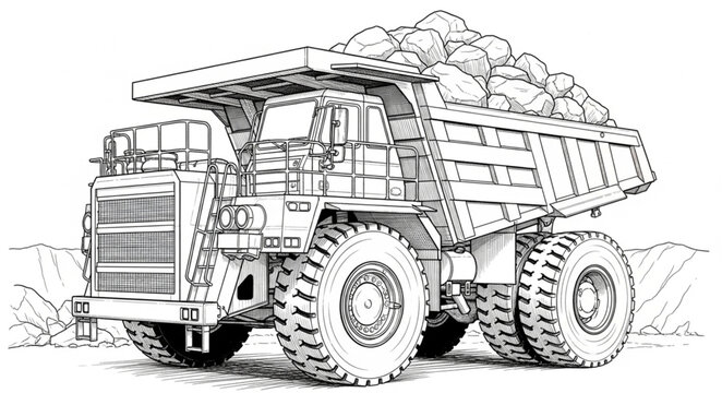 Detailed Line Art of a Heavy-Duty Mining Dump Truck.