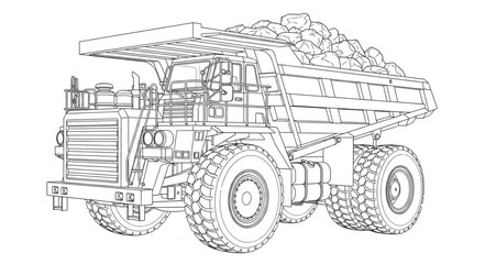 Detailed Line Art of a Heavy-Duty Mining Dump Truck. © jeng