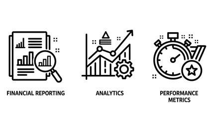 Naklejka premium Icons symbolizing financial reporting, data analytics, and performance metrics: document with charts, graph with arrow, and stopwatch with medal, representing business performance and evaluation
