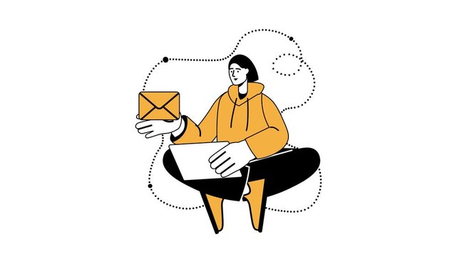Animated person in hoodie holding email envelope and blank letter
