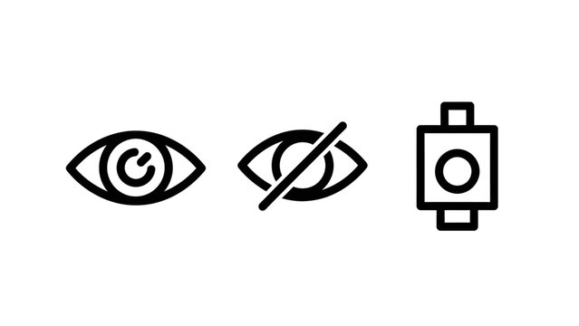 Icons representing vision, perception, and settings: eye symbol, crossed-out eye symbol, and a toggle switch, indicating visibility, privacy, and control options in user interfaces