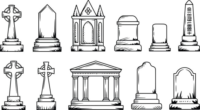 Gravestone and tomb vector illustration set, cemetery monuments with crosses, headstones and mausoleum, vintage engraving style collection for halloween, memorial and funeral design