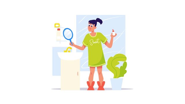 Animated woman applying skincare routine in bathroom with mirror and serum