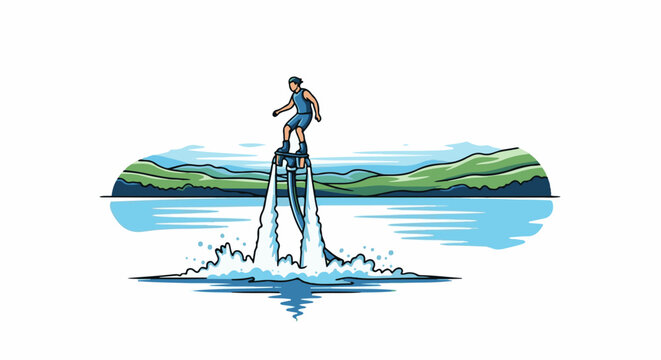 Man on flyboard spraying water amidst a scenic lake and hills landscape