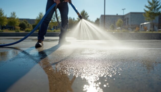 Man sprays water hose cleaning concrete parking lot. Worker removes dirt grime with high pressure jet. Outdoor maintenance job on sunny day.