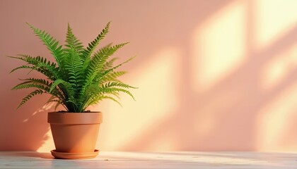 Fototapeta premium Green fern plant in terra cotta pot sits on wooden surface. Sunlight casts shadows on soft peach wall, creating peaceful indoor atmosphere, ideal for home decor.