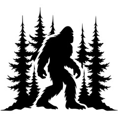 Fototapeta premium Mysterious bigfoot figure standing among dark forest trees silhouette