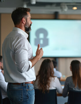 Man leads security awareness training for employees. Instructor talks about cybersecurity at a corporate meeting. Team learns about data protection and cyber risks.