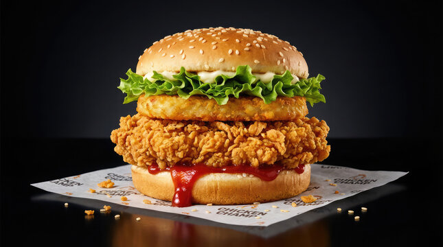 A mouthwatering double-decker fried chicken sandwich sits on a paper wrapper on a table.