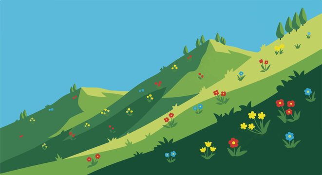 Green rolling hills dotted with colorful wildflowers under a clear blue sky