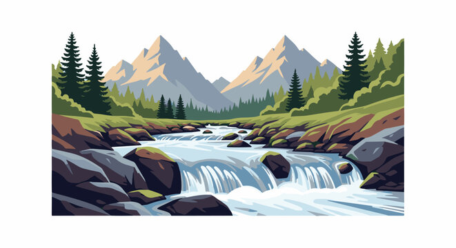 Gentle mountain river flows through rocky terrain with pine trees