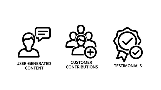 User-generated content, customer contributions, and testimonials icons set for digital marketing and feedback platforms