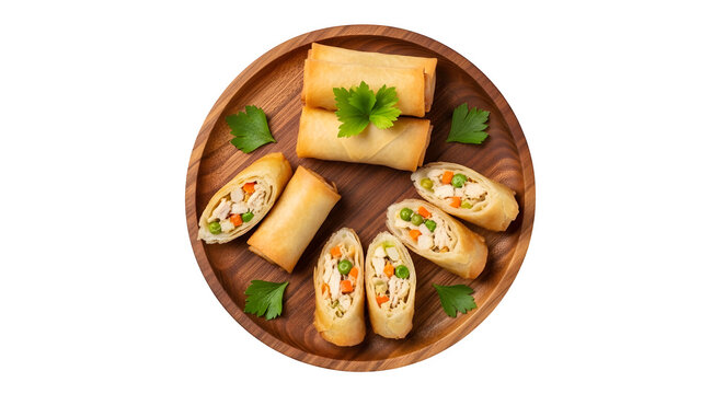 Top view of Risol Pastry Snack served on a wooden plate, isolated on white or transparent background. PNG