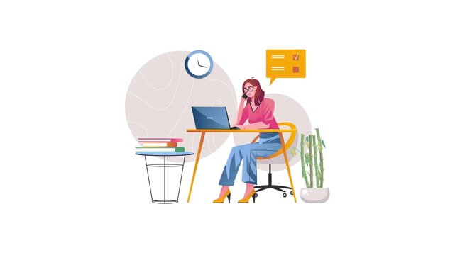 Animated woman working on laptop and phone in modern office workspace