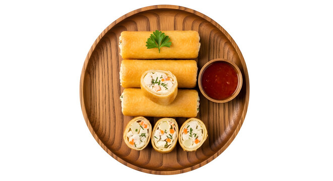 Top view of Risol Pastry Snack served on a wooden plate, isolated on white or transparent background. PNG