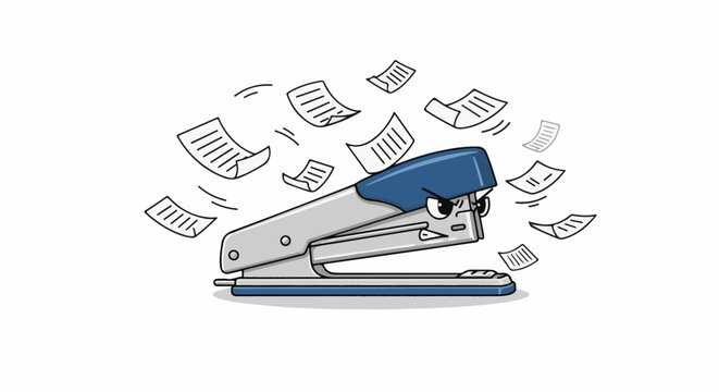 Furious stapler launching papers with its angry face