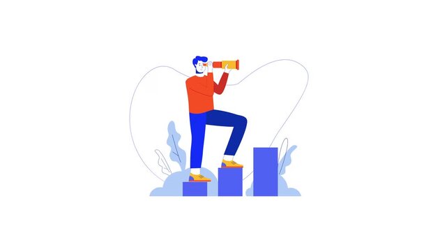 Animated man standing on growth bar chart and looking through telescope
