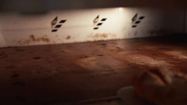Freshly baked bread rolls resting on a baking tray inside an oven, showcasing the gradual cooling process with warm lighting illuminating the scene