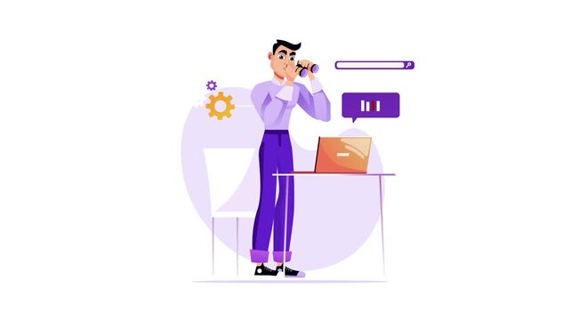 Animated businessman using binoculars to search online at desk