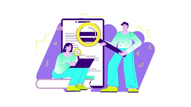 Team reviewing online document with magnifying glass, vector illustration