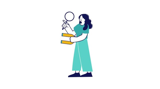 Animated woman with magnifying glass and magnet for lead generation