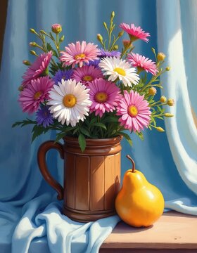 Colorful aster bouquet in wooden mug next to yellow pear. Blue fabric backdrop and table. Autumn still life artwork with floral arrangement and fruit.