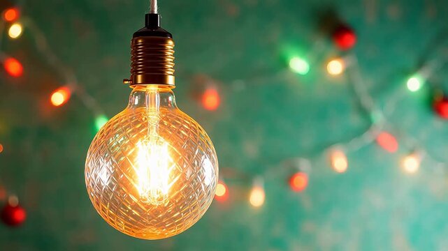 Lit vintage light bulb with festive lights