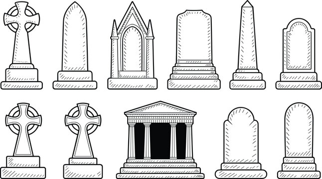 Gravestone and tombstone vector set, cemetery monuments with crosses, headstones and mausoleum, outline engraving style collection for halloween, memorial and funeral design