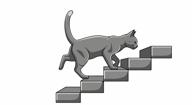 Gray cat ascending steps, simple illustration