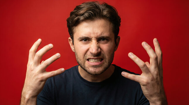 Furious young Caucasian man clenching his teeth and showing aggressive hand gestures on a red background.