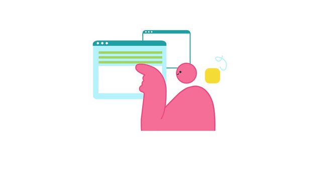 Animated pink hand pointing at browser windows on white background