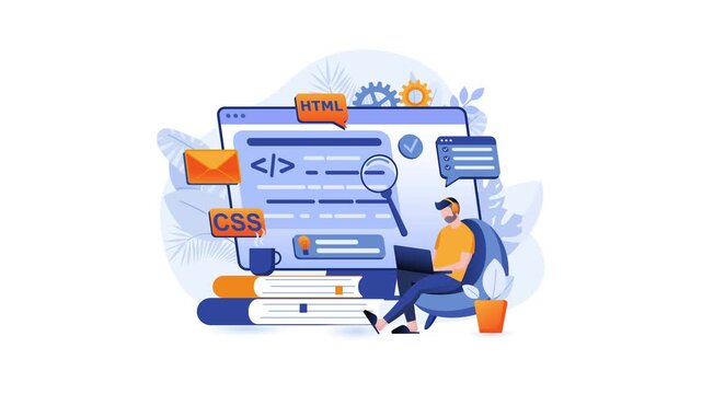 Animated web development concept with programmer and HTML CSS code interface