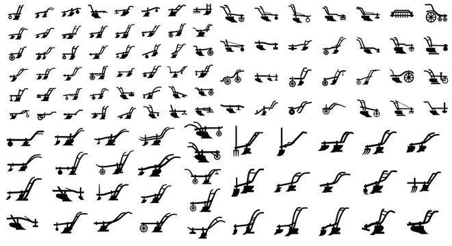 Vintage farm plow silhouettes icon set collection, A comprehensive black silhouette collection on a white background, displaying a wide variety of vintage horse-drawn and walking farm plows