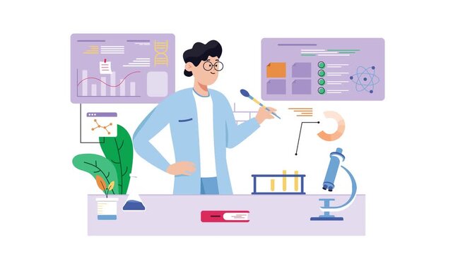 Animated scientist conducting laboratory research with microscope and charts