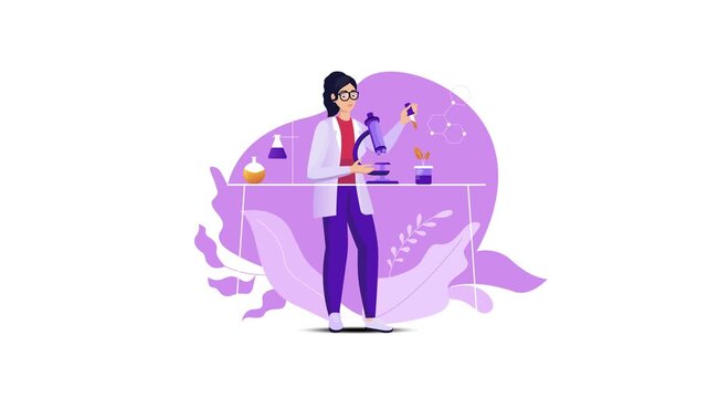 Animated female scientist using microscope in modern laboratory illustration