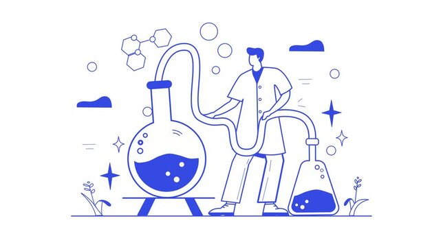 Animated chemist performing lab experiment with connected glass flasks